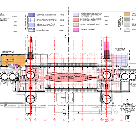 Půdorys odlévací haly s vyznačeným tubusem budoucího MUSEum+. Autor: Josef Pleskot, AP Atelier